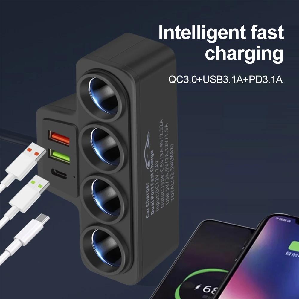 Adaptador de encendedor de cigarrillos para coche de 12V/24V Nuevo enchufe 4 en 1 Cargador de 3.1A Cargador USB para coche USB para coche+QC3.0+PD3.1A Accesorios de cargador de coche