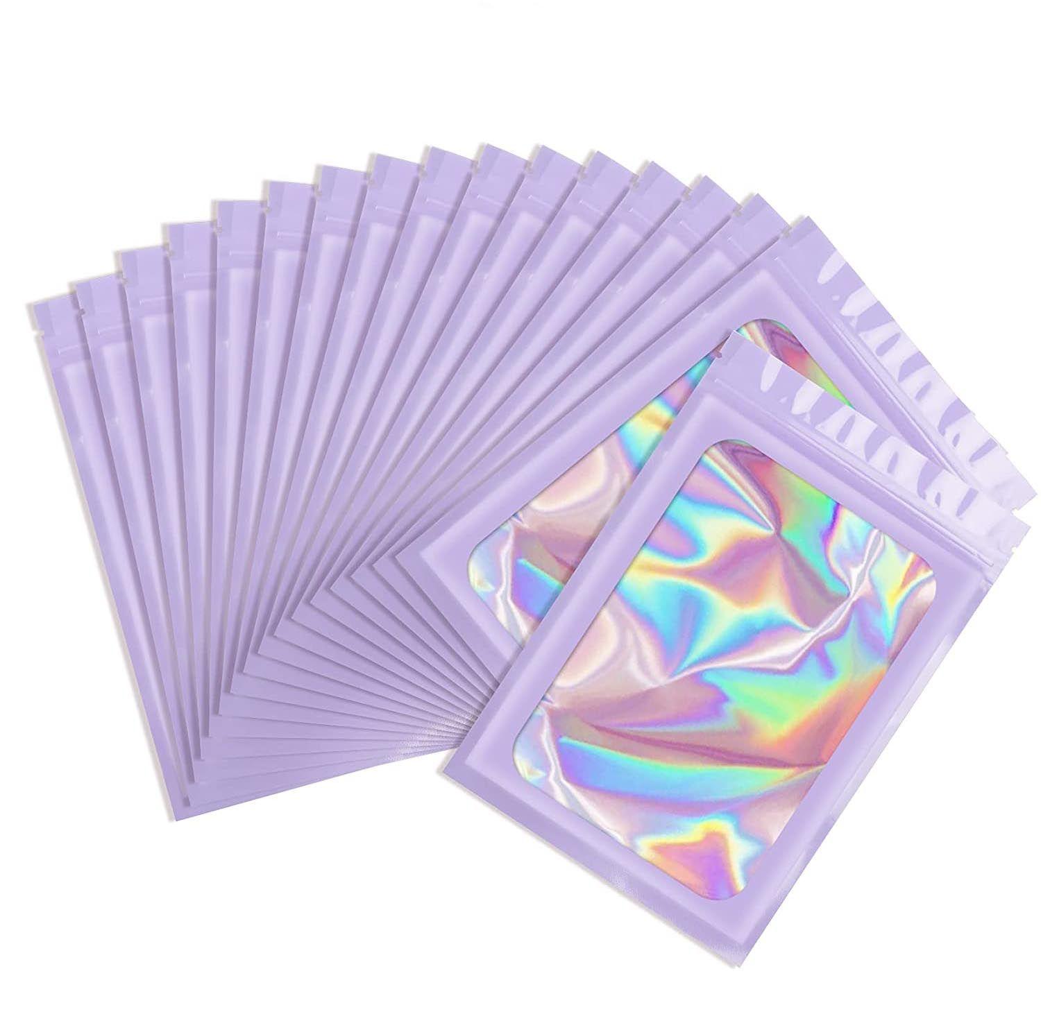 Clear Resealable Holographic Colorful Packaging Bags Foil Pouch Smell Proof Bags Sealing Bag purple-6*10
