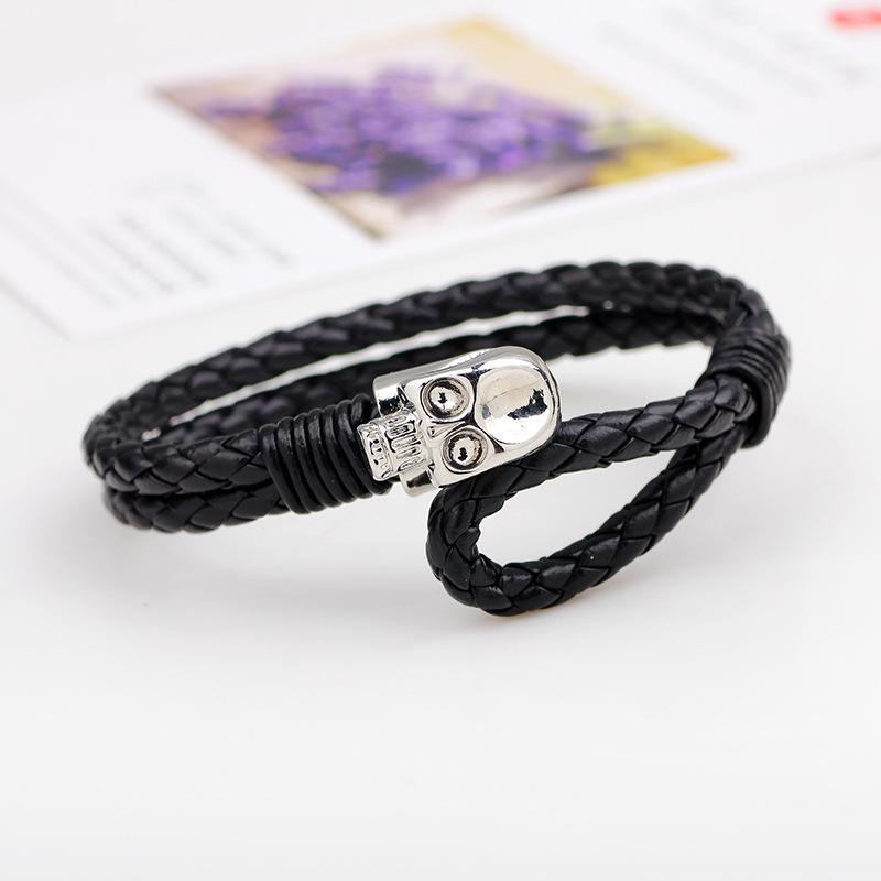 Bracelet tissé en cuir à boucle en alliage tête de mort pour homme, très tendance, style européen et américain