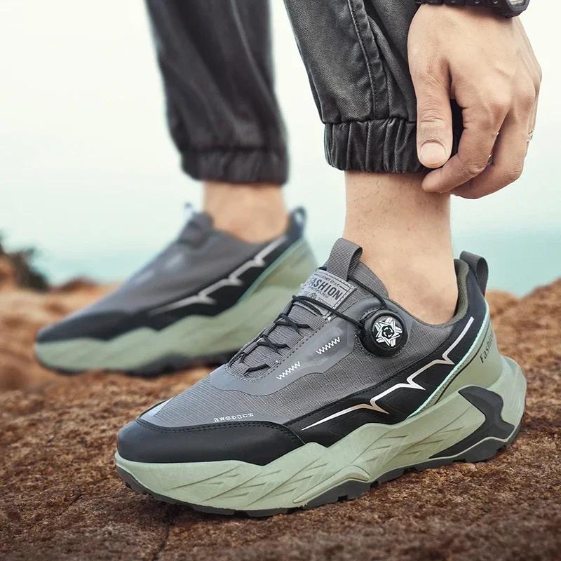 New Men'S Shoes Autumn Breathable Button Rotating Convenient Mesh Sports Outdoor Sports Leisure Running And Hiking Shoes