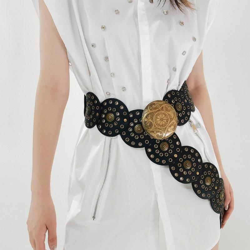 Adult Relief Round Buckle Waist Belt Adjustable Exaggerated Personality Waist Belt for Men Teenagers Coat Dress