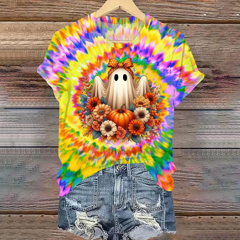 Ladies' Casual Halloween Printed Round Neck Short Sleeved T-Shirt