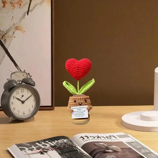Knitted Wool Heart Potted Plant Handmade Simulation Flower Study Desktop Decorations Living Room Decorations