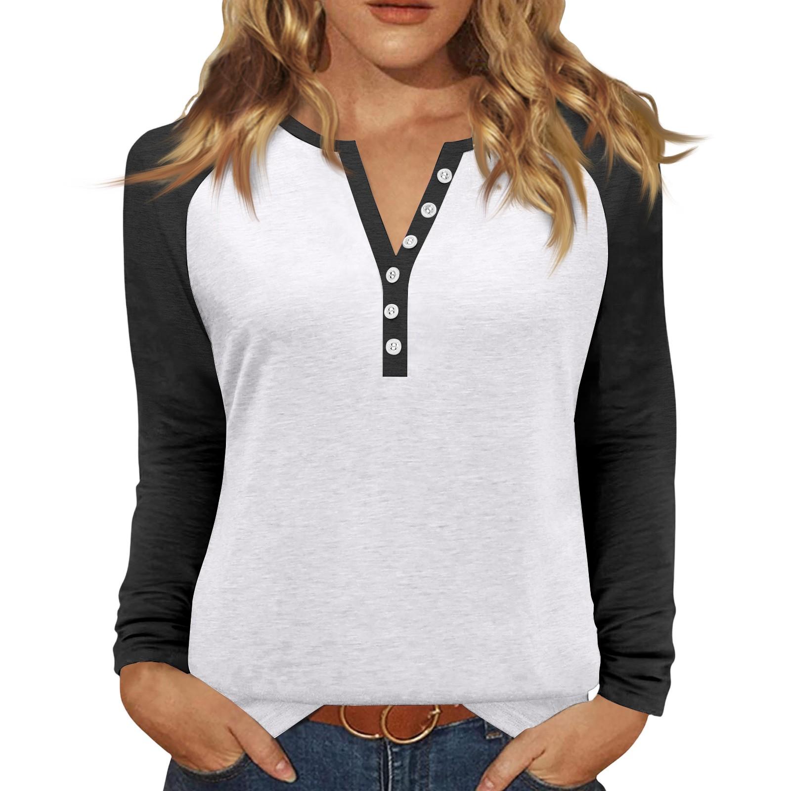 

Women s T Shirt Color Block Button Long Sleeve Daily Weekend Fashion Basic V- Neck Regular Top M білий