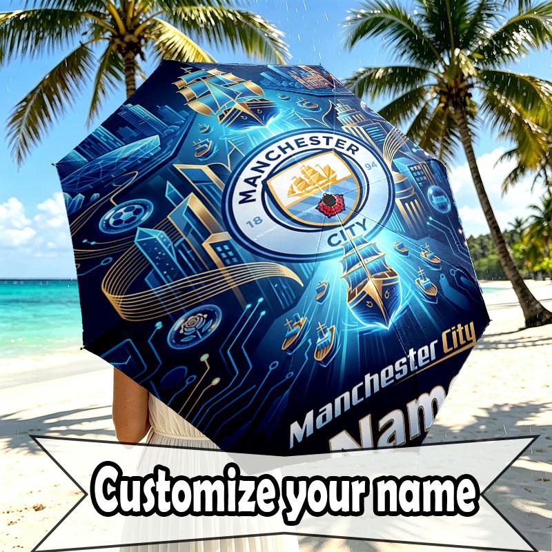 Custom Name Personalized Manchester City Print Umbrella, Auto Open Close, 8‑Rib Sturdy Frame, Commute Camping Hiking Use, Birthday Gift