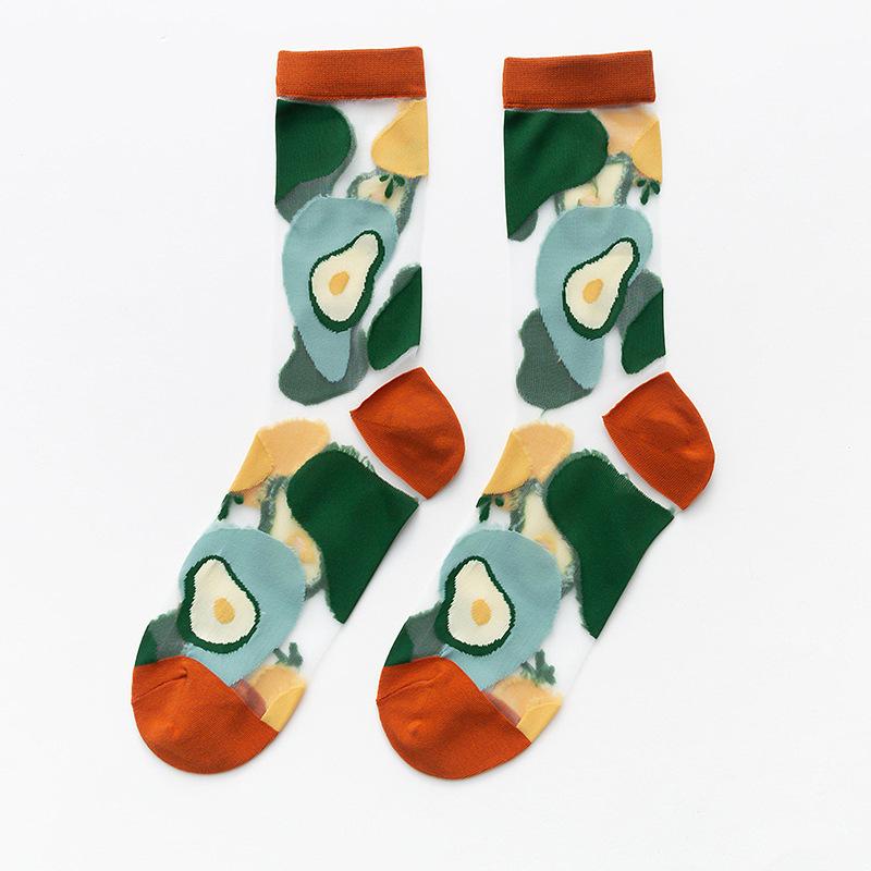 Women Thin Transparent Socks Crystal Glass Silk Socks Ladies Sweet Fruit Strawberry Avocado Peach Watermelon Summer Mesh Socks