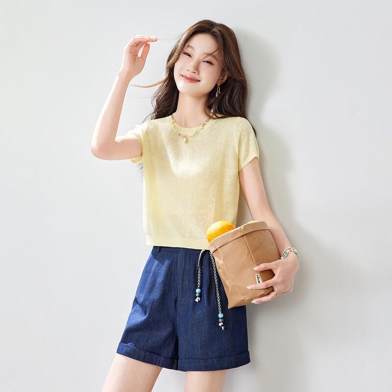 Srcr Women's Silk Blend Hollow Jacquard Knit Short Sleeve Top