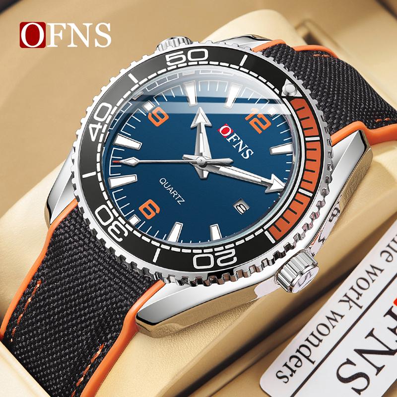 OFNS Top Brand New Man Simple Business Quartz Watch Calendar Luminous Waterproof Watch Fashion One-way Rotating Bezel Mens Watch