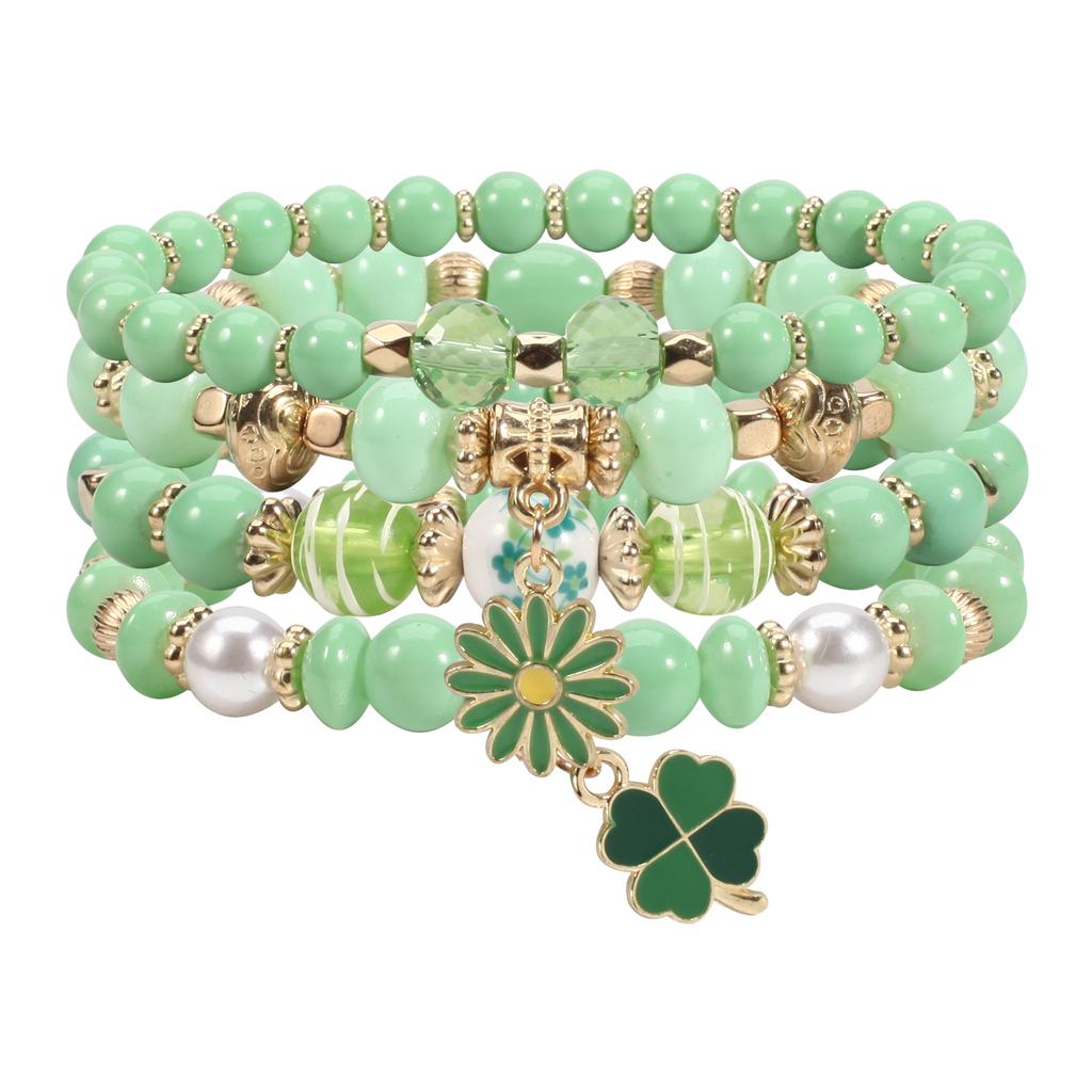 St. Patricks Day Bracelets Handmade Beaded Stackable Bracelet Irish Green Leaf Hat Lucky Shamrock Charm Bracelet for Women