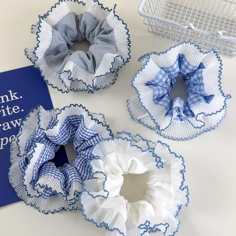 Blue Lattice Ruffles Hair Scrunchies Double Lace Headbands Womens Girls Sweet Romance Hair Rope Female Tie Rubber Band Headdress