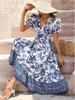 2023 Summer Stand-Up Collar Puff Sleeve Dress with All-Over Print
