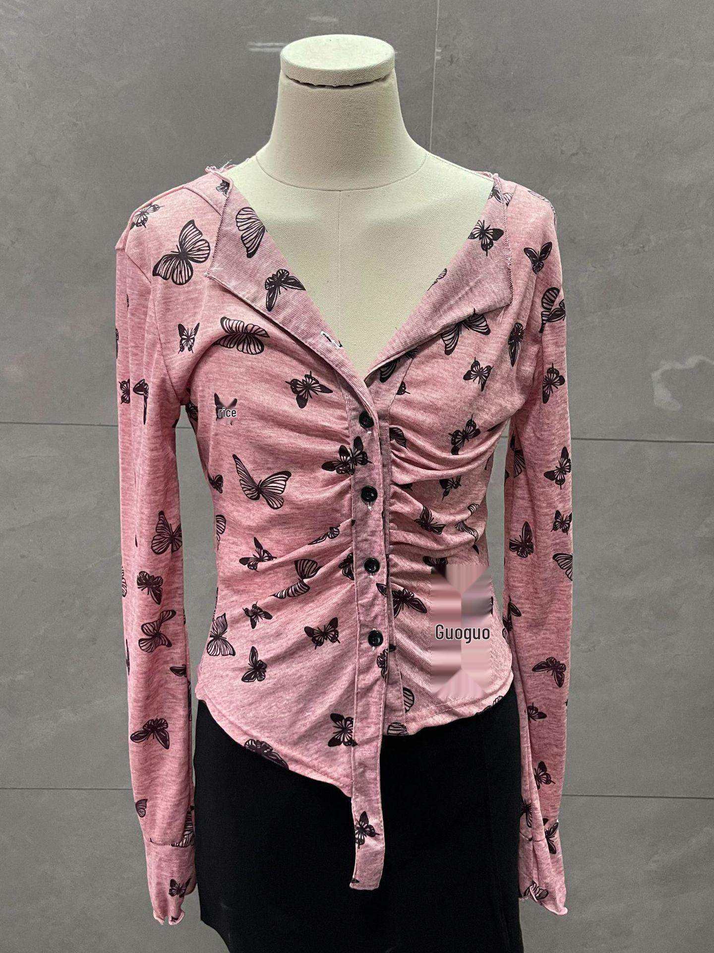 

Острый кардиган с длинным рукавом и дизайном бабочки - Ретро облегающий весенний топ для женщин L (~55kg)