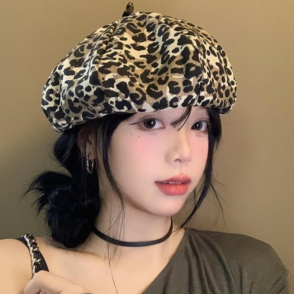Classic Leopard Print Beret Y2K Painter Hat Cool Octagonal Cap  Women