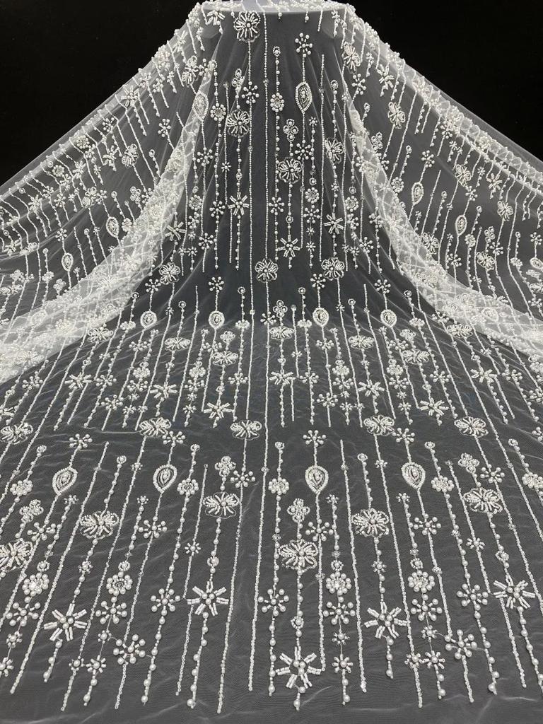 1 Yards White French Tulle Lace Fabric Stripe Floral design High Quality Nigerian Beaded Embroidered Lace Sequin For Party Dress