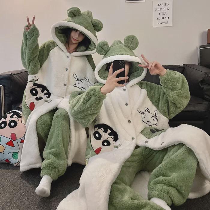 Winter Panda-Pyjama-Set für Paare: Korallfleece Damen Nachthemd & Herren Flanell Homewear