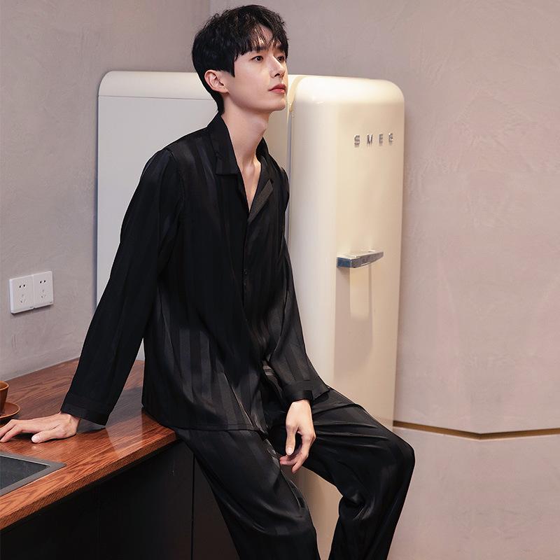 Couple's Ice Silk Pajama Set Spring Summer Fall Korean Style Lightweight Long Sleeve Top and Pants Men's Plus Size Loungewear