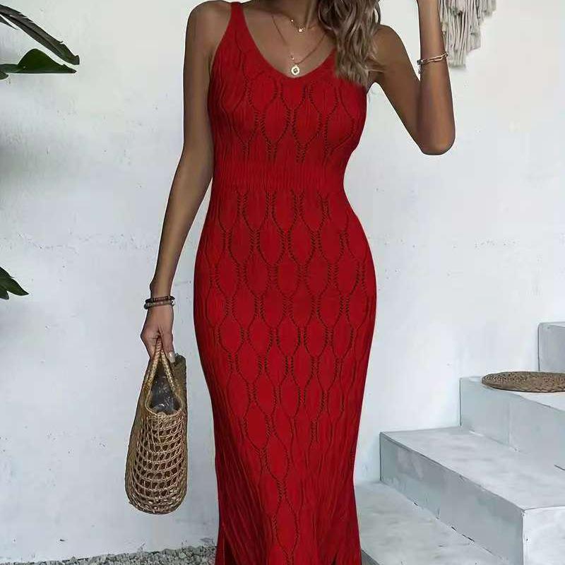 Beige Crochet Knit Maxi Dress V Neck Sleeveless Side Slit Beach Cover Up Dress