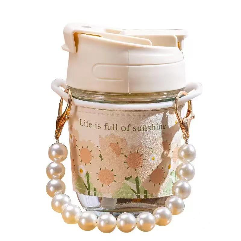 Creative Pearl Bracelet Double Cup - High-Temp Resistant Glass with Straw, Ideal for All Seasons. Default