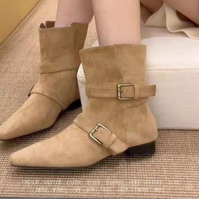Fashion Fashion Ladies Shoes 2024 Winter British Style Faux Suede Pointed Toe Women's Boots Casual and Versatile Square Heel Short Boots