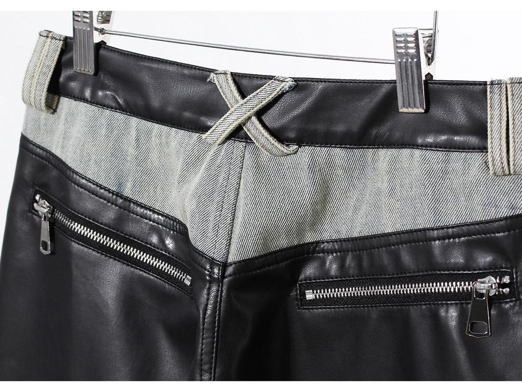 Women's Retro Washed Straight-Leg Jeans with Leather Splice, Contrasting Colors - 2025 Spring Street Style.