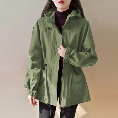 Spring Women's Windbreaker Coat Workwear Style Jacket with Hood and Drawstring Waist