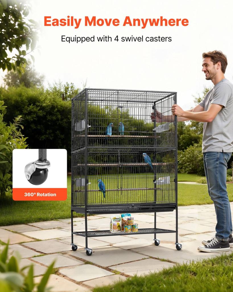 Bird Cage, 800 x 520 x 1320mm, Flat Top, Wrought Iron Bird Flight Cage with Perches, Slide-Out Tray and Plastic Feeders, Casters, for Parrot, Blue