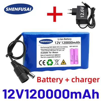 Bateria portátil original nova de 12 V, bateria recarregável de íons de lítio 18650 de 100000 mAh, carregador DC 12,6 V, amplificador de áudio CCTV+