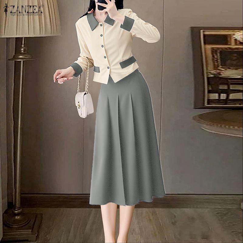 ZANZEA Women Long Sleeve Blouse and Skirts Casual Two Piece Suit Sets