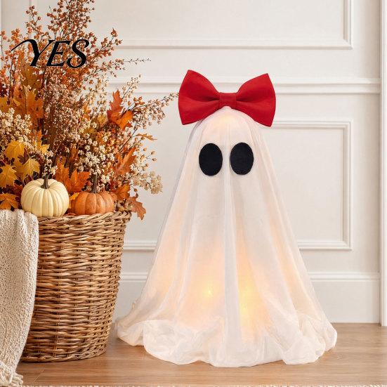 Pink Bow Ghost Decoration LED Decoration, Halloween Tabletop Ornament, Soft Girly Fabric Haunted House Decor with Warm Glow for Home Cute Ornament