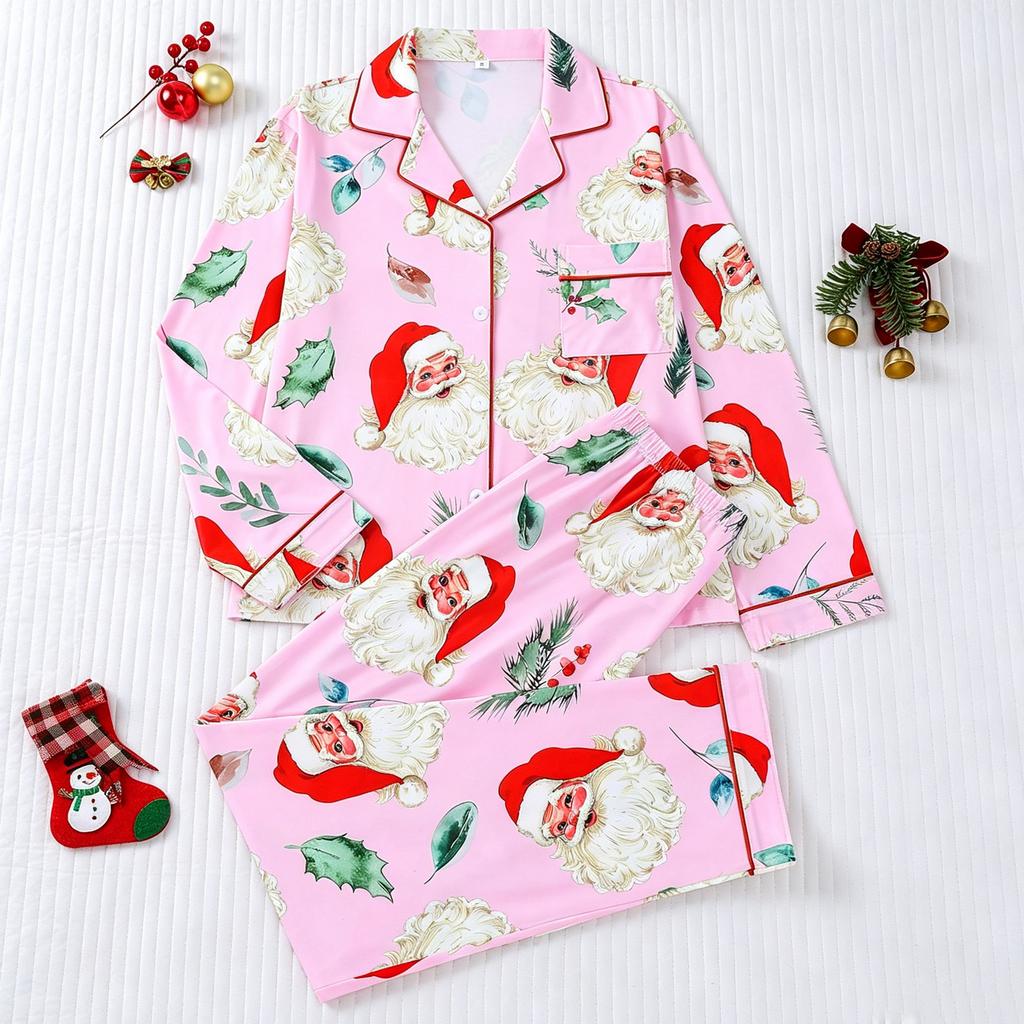 Women's Christmas Printed Pajama with Lapel Collar and Open-Front Design for Holiday Lounging