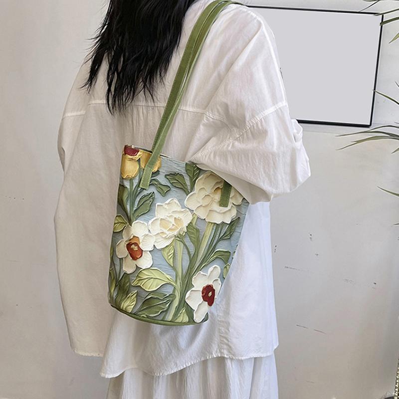 Yogodlns Nová Módní Květinový Vzor Kbelíková Taška Plátěná Ležérní Taška přes Rameno Velká Kapacita Kreativní Kabelka pro Ženy