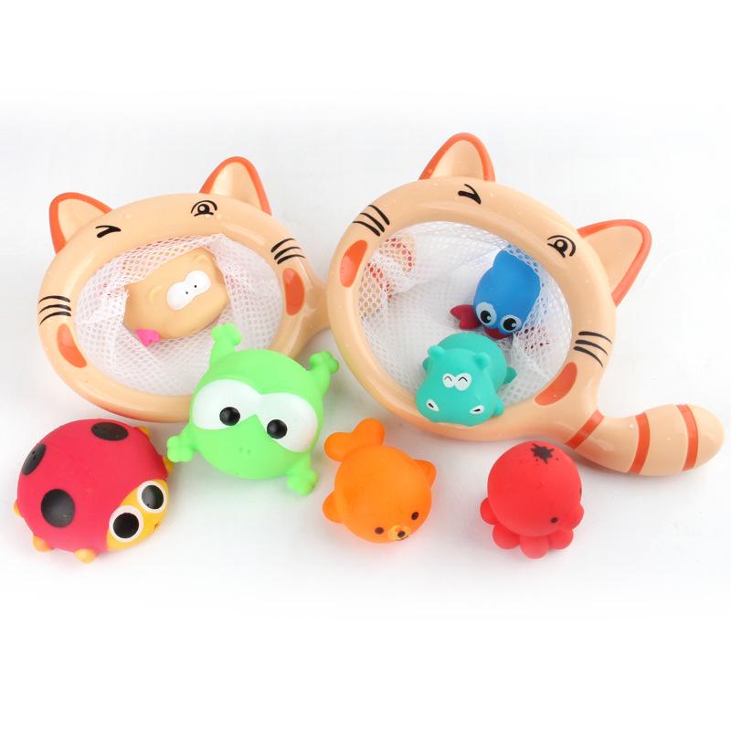 Children'S Water Bath Toy Baby Kitten Fishing Net Cartoon Animal Set Bb Pinch Sound, Water Spray Model