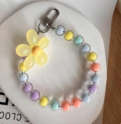 Hot Selling Colorful Fashion Women's Hanging Chain Ring Code Wrist Strap Clip Cute Flower Bead Mobile Phone Lanyard