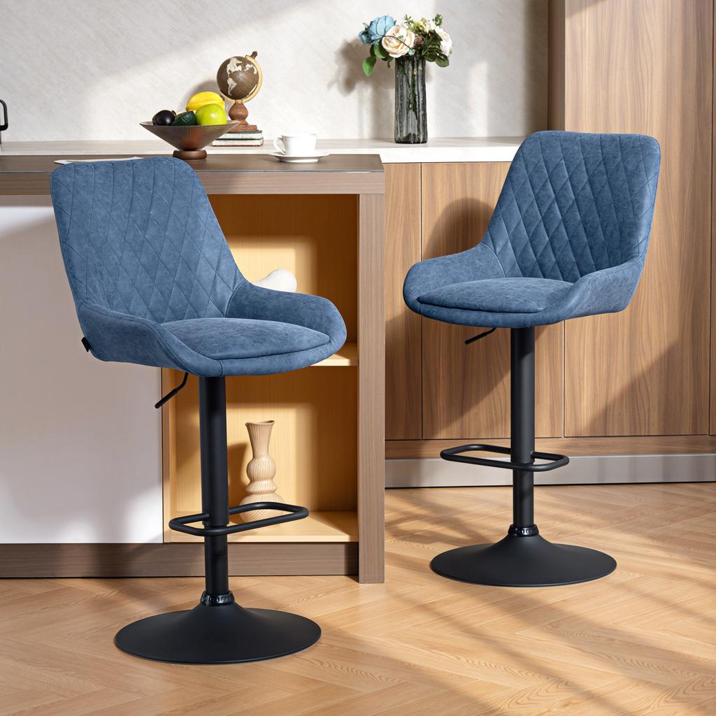 Set Of Two Faux Leather Retro Bar Stools Dark Blue