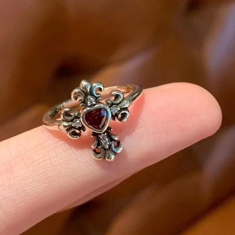 LATS Vintage Gothic Red Crystal Cross Geometry Open Rings for Women Y2k Punk Creative Grunge Jewelry Accessories Gift