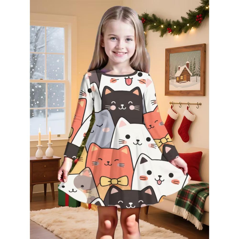 Girls' 3D Cute Cat Dress Long Sleeve Summer Spring Vacation Daily Holiday Princess Beautiful Sweet Kids 4-12 Years Casual Dress A Line Dress