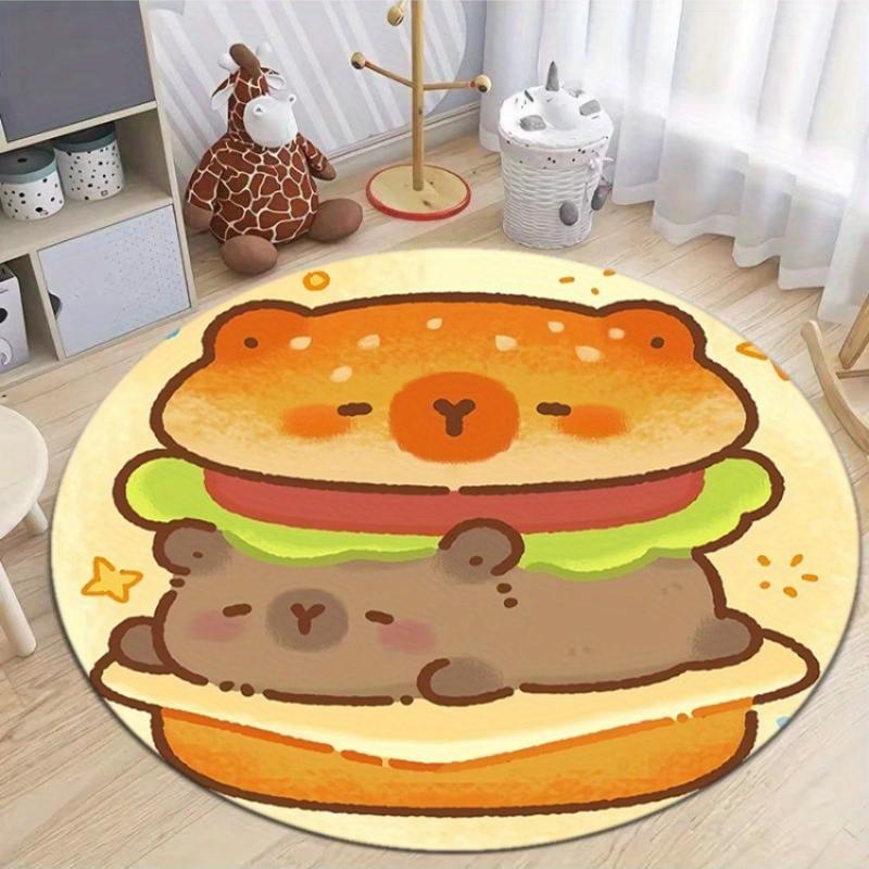 Soft Pastel Cartoon Animal Burger Printed Round Carpet, Kawaii Style Anti-slip Rug for Entryway Nursery Baby Bedroom Floor