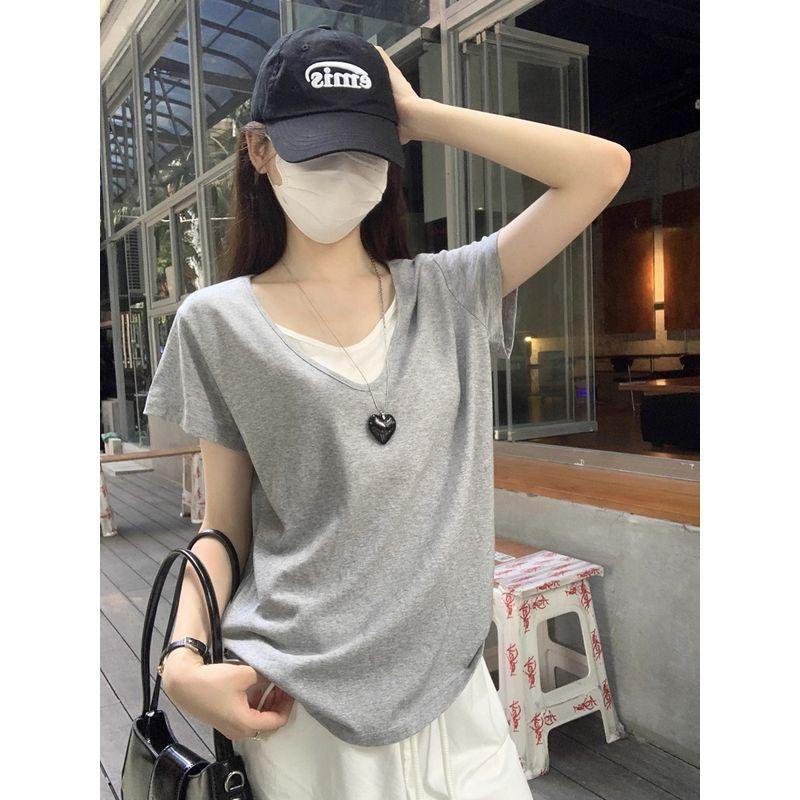 Kumikumi Design Sense Fake Two Pieces V-neck Short sleeve T-shirt Women Summer Niche All-Match Loose Slimming Casual Top