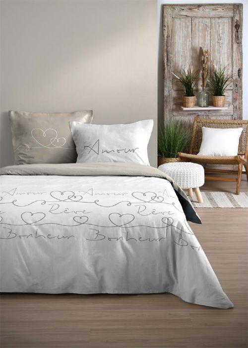 Housse de couette + taies - Mot d'Amour - 240x260cm - 100% coton - Gris
