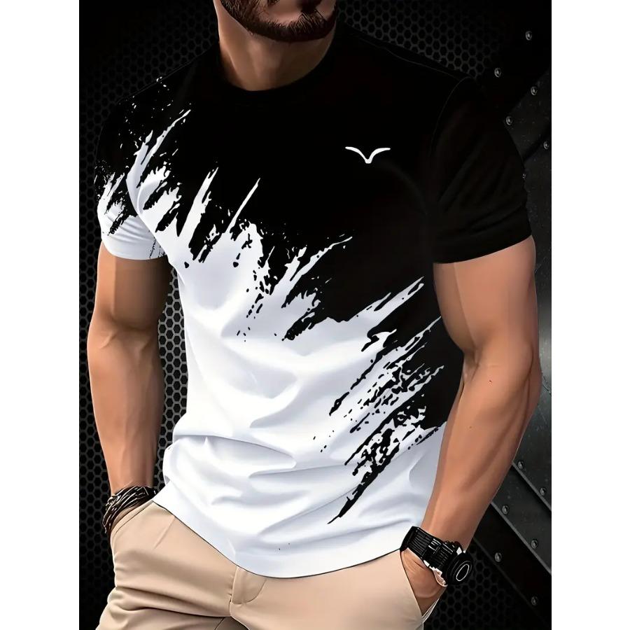 Men Casual Graphic T-Shirt - Black & White Abstract Design, Short Sleeve, Round Neck  Stretchy Summer, Streetwear Style, Everyday Comfort Tee