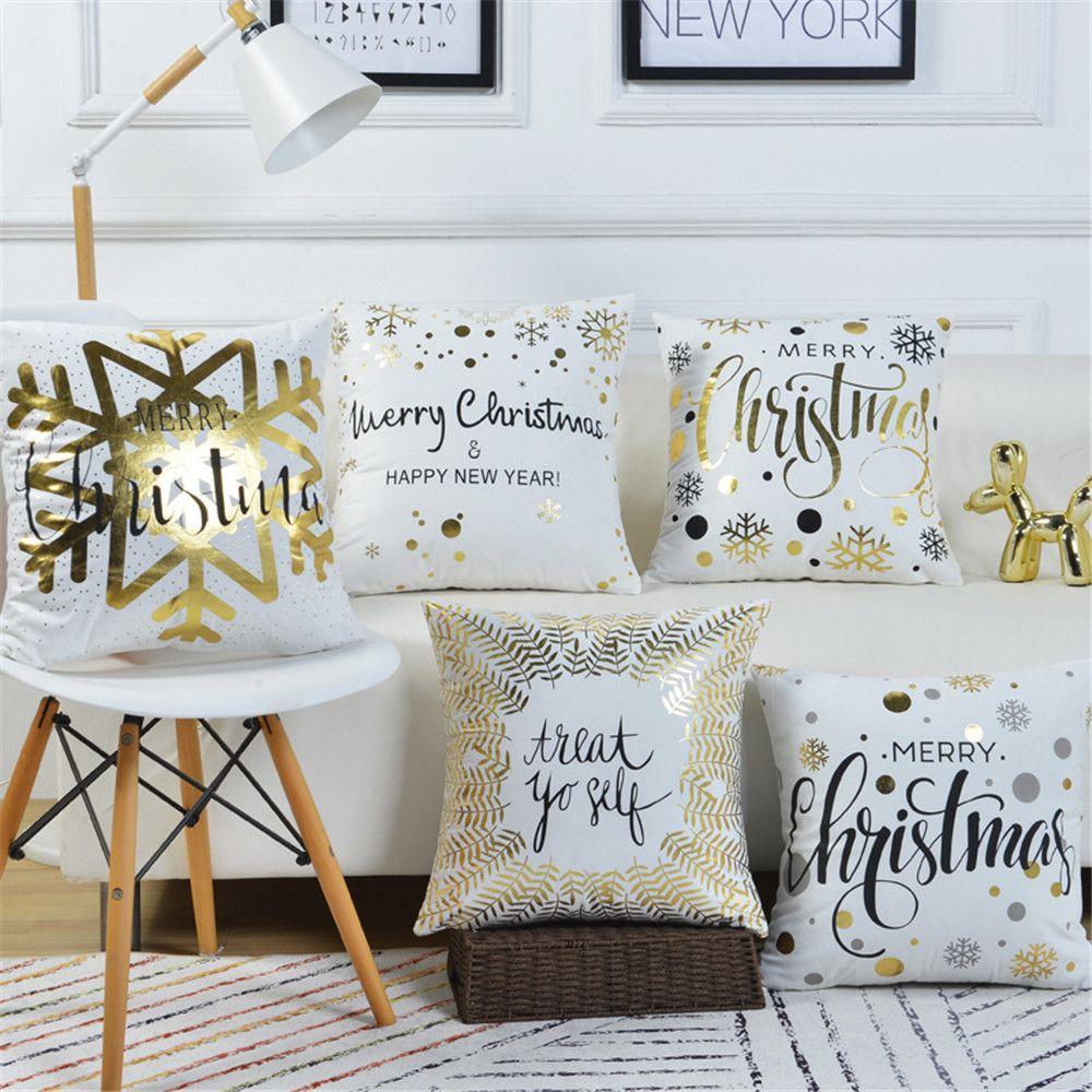 

Hot Bronzing Soft Sofa Waist Square Pillowcase Cushion Cover Gold Print Merry Christmas 11