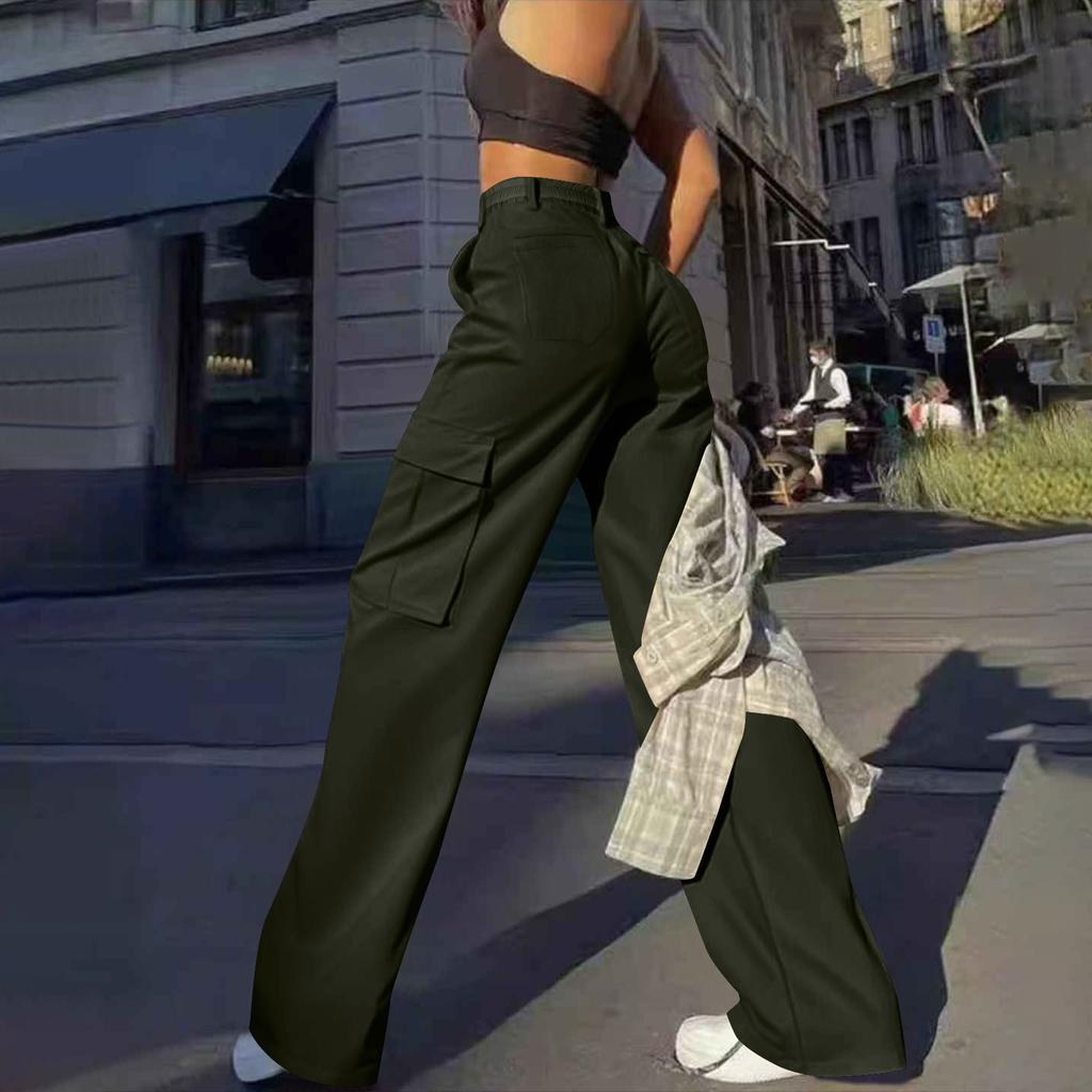 Womens Trendy Casual Streetwear Baggy Cargo Pants With Pockets Wide Leg Trousers Loose Overalls Long Pants