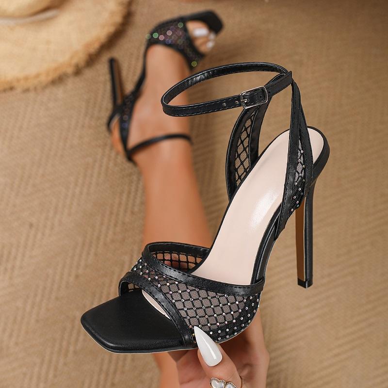 Pesstwei Fashion Mesh Hollow Out Ankle Strap Sandals Women Summer Square Open Toe Rhinestone Mesh High Heels Party Prom Shoes