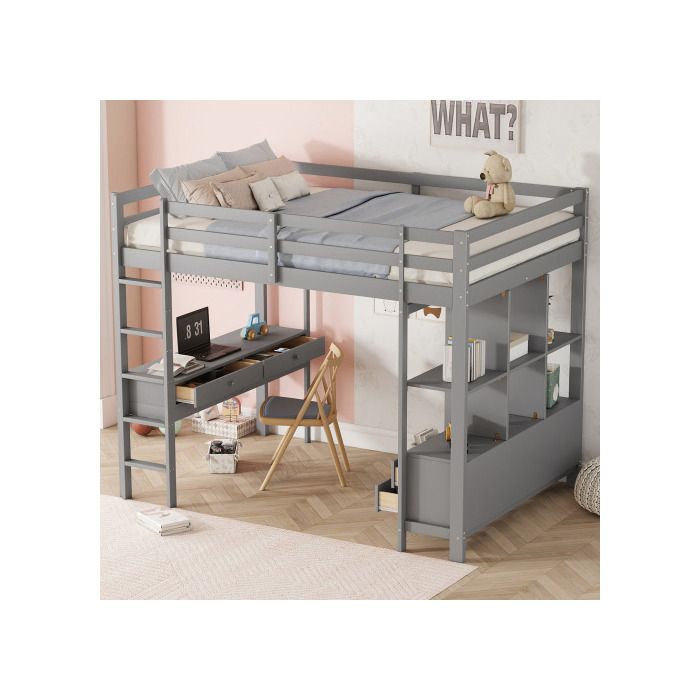 Lit surélevé - MUVOE - 140 x 200 cm - Bureau intégré - 6 tiroirs de rangement - Gris
