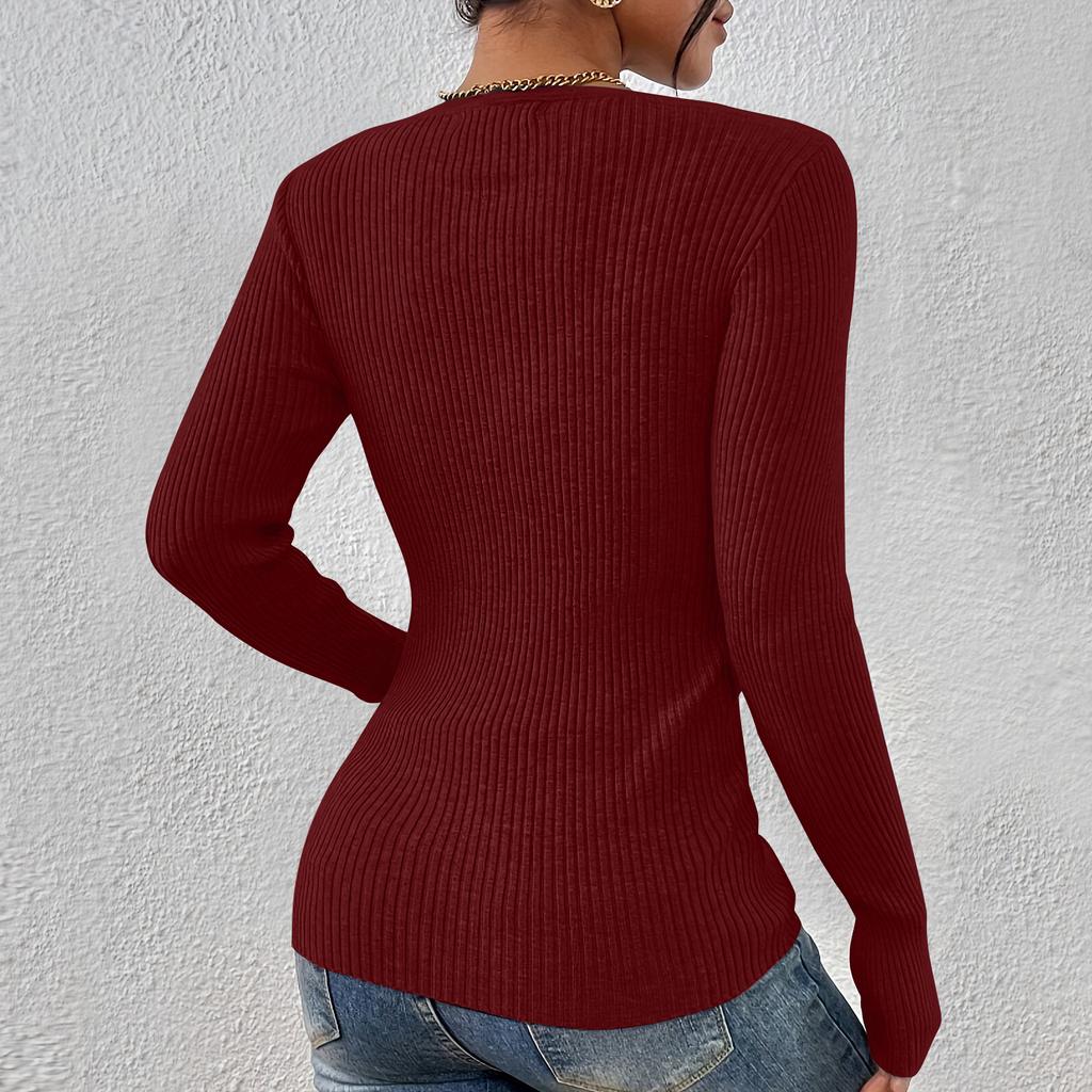 Women's Solid Color Button Knit Pullover V-neck Slim Fit Long Sleeved T-shirt Top