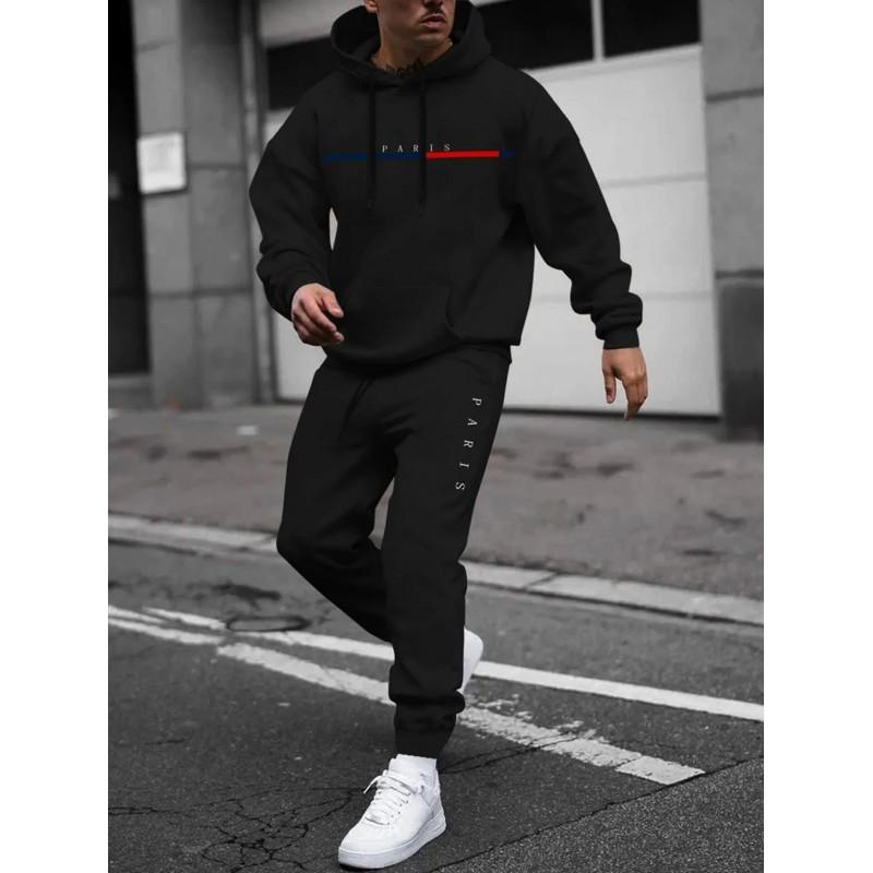 Mens Hooded Oversized Cotton Sweatshirt Set Long Sleeve Top Pants Fall Casual Sportswear