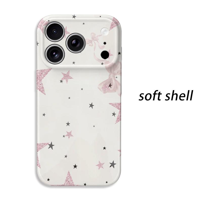Glittering Pink Bow Starry Pattern Graphic Art Film Aesthetic Protective Shockproof Bumper Phone Case Cover For iPhone 14 15 16 Pro Max Plus