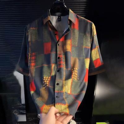 Men Short Sleeve Button Down Shirt Patchwork Plaid Print Casual Vintage Style Top