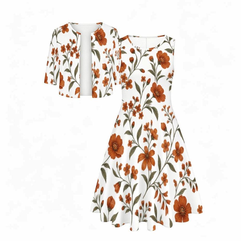 Women Plus Size Two Piece Set Round Neck Sleeveless Flared Dress Mid Sleeve Cropped Cardigan Blue White Floral Printed