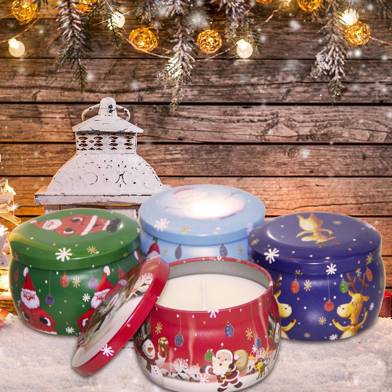 Empty Christmas Scented Candle Jar Candy Flower Tea Round Drum-Shaped Metal Tin Box For Souvenirs Gifts Xmas Party Decoration
